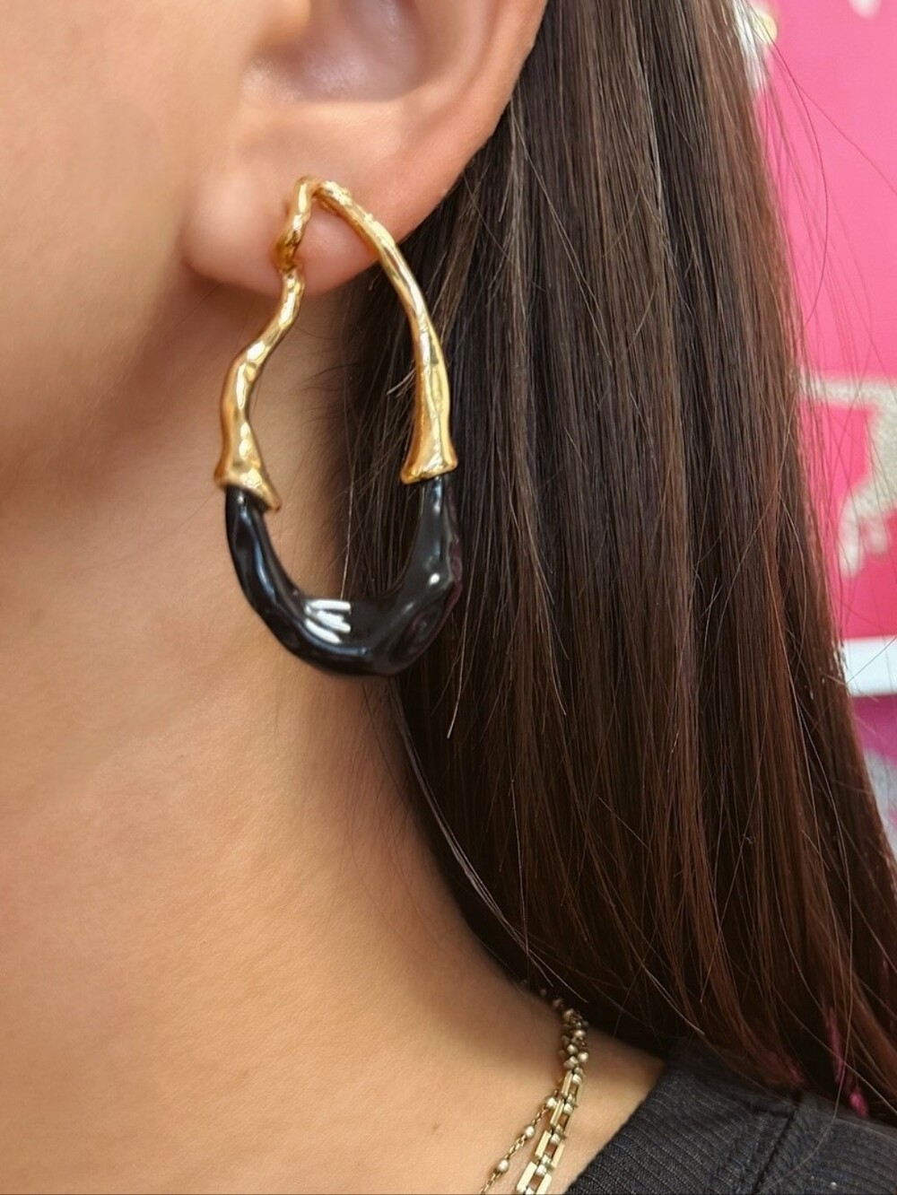 Black enamel and gold drip dangle earrings; nwot